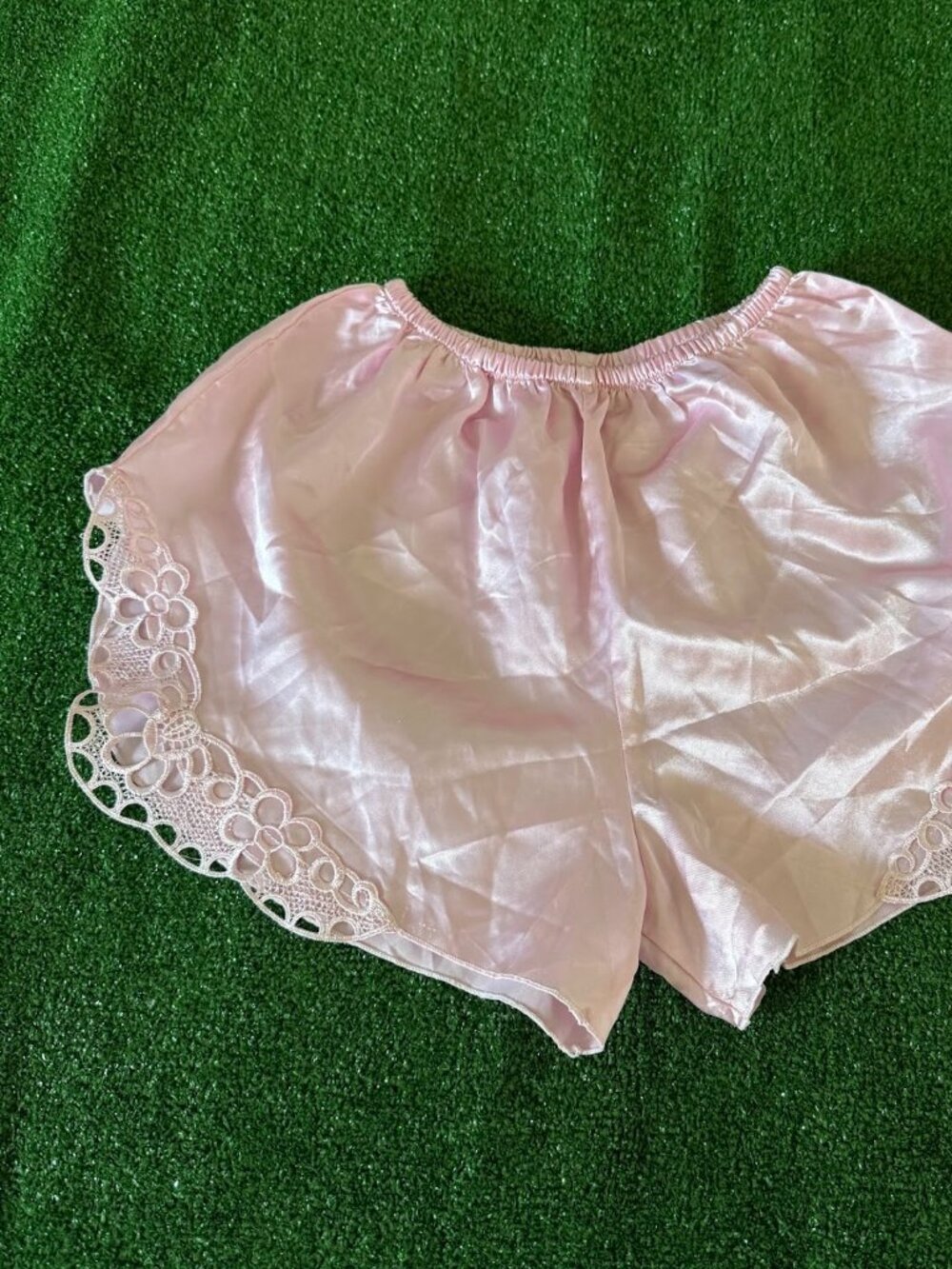 Unbranded Satin Light Pink Lace Details Elastic Waist Pajama Lounge Shorts L